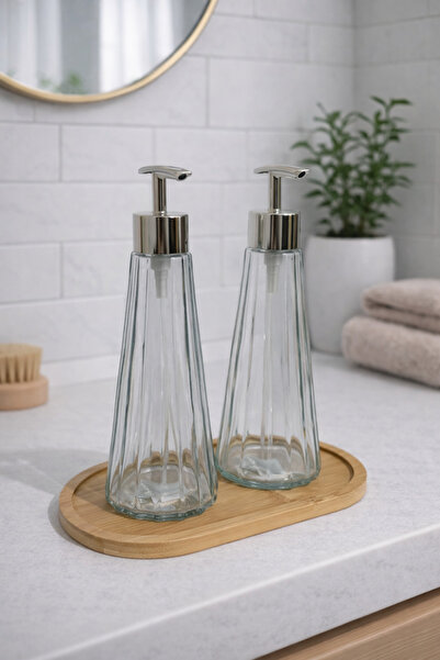 MEYA PİNE Glass Liquid Soap Dispenser Set with Bamboo Base 350 ml – Stylish a...