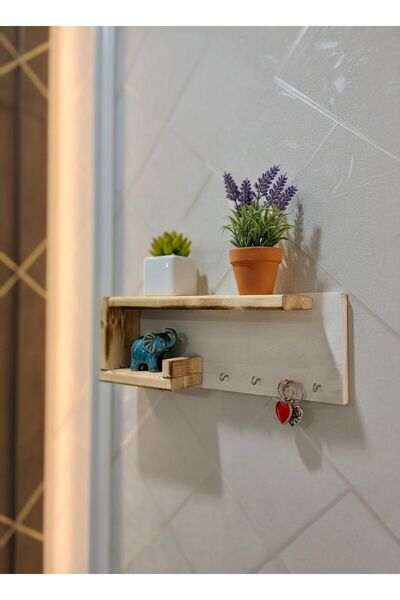 AtölyemSade Ahşap Duvar Rafı Anahtarlık Askılı 4 Kancalı Dekoratif Organizer