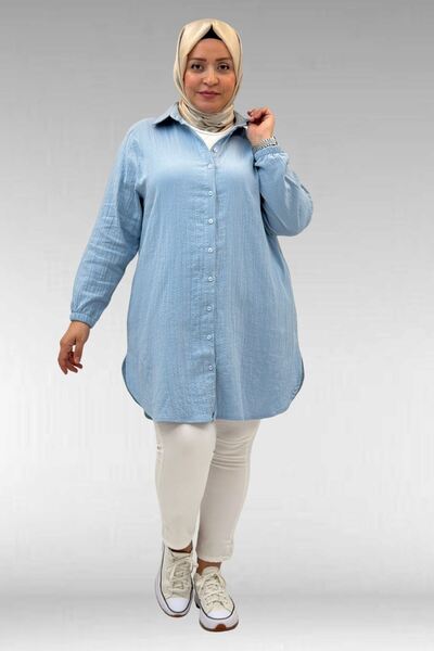 Eslina 58091 Plus Size Muslin Shirt with Elastic Sleeves - Baby Blue