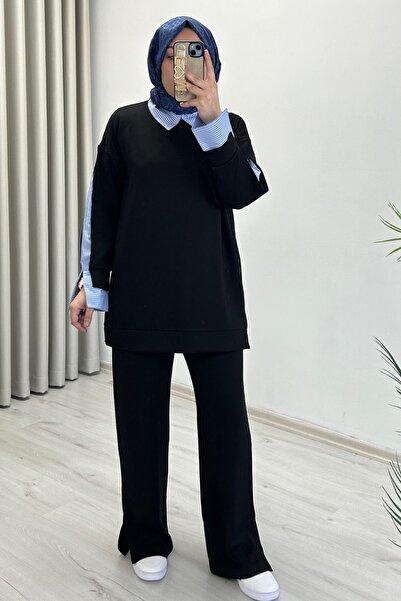 T Moda Store طقم إكرو تكس مكون من قميص بفتحة وأكمام وياقة مفصلة من قماش المود...