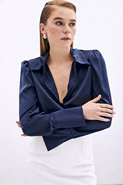 Sateen Vatkalı Saten Gömlek - Lacivert