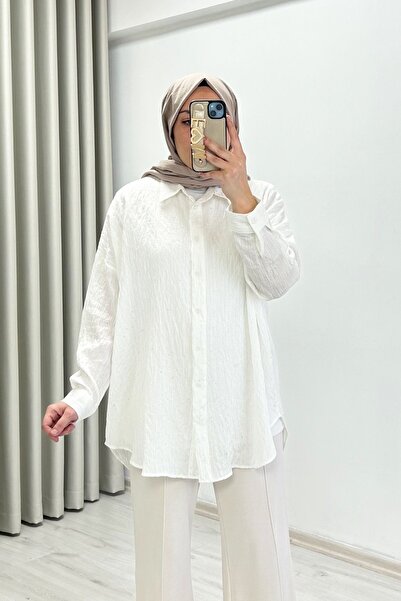 T Moda Store Ecru Tex Oversize Standard Size Comfortable Fit Shirt with Sequi...