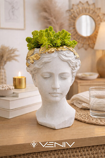 VENİV Beton Helen Antik Gold Detaylı Saksı Büst Biblo 20 cm