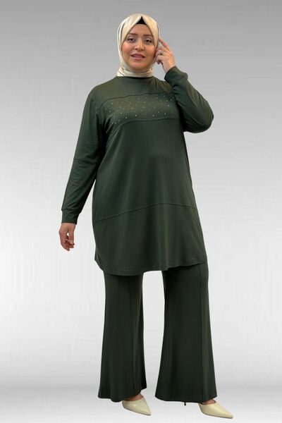 Eslina 67021 Plus Size Stone Print Detailed Segmented Trousers Set - Khaki