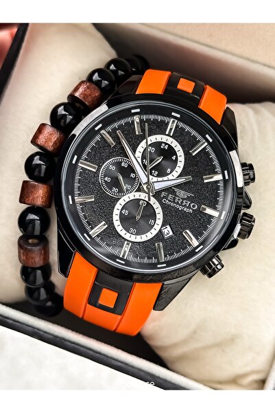 FERRO Sports Men's Wristwatch, Functions Active, Orange Silicone Cord, in Sty...