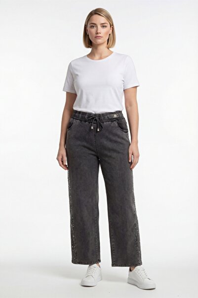 EXİTLİNE Women's Black Seasonal Elastic Waist Lace-Up Stoned Pipe Leg Denim T...