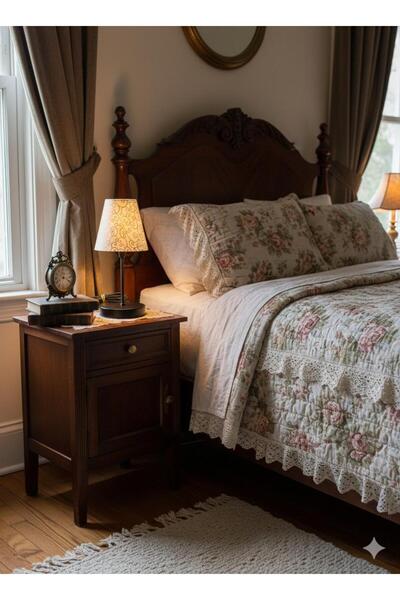 BİAVİZE Beige Color Patterned Fabric Lamp Shade with Headboard