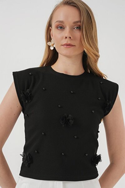 isez 929 Short Sleeve Knitted Blouse - Black