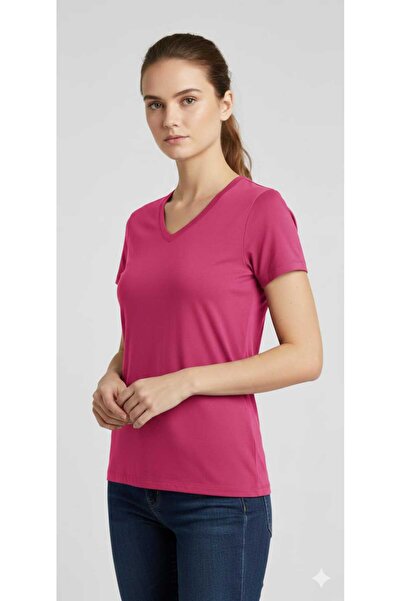 isiltikidsmoda Işilti Ki̇ds Fuchsia V-Neck Short Sleeve Cotton Basic T-Shirt