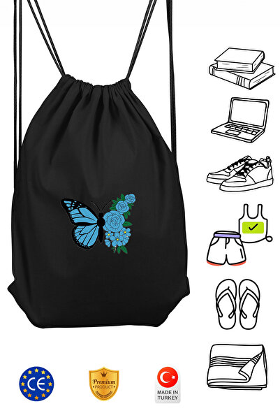 Omotasarım Kelebek Unisex Siyah Spor Sırt Çantası Büzgülü