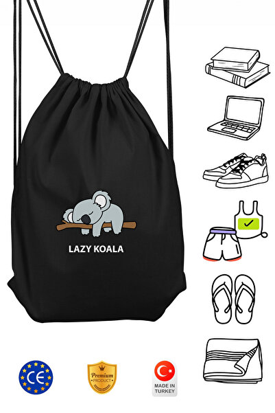 Omotasarım Koala Unisex Siyah Spor Sırt Çantası Büzgülü
