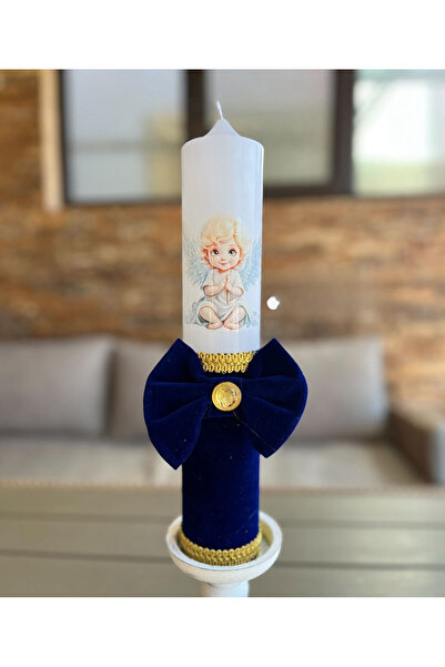 Botez Lumanare ingeras – cu catifea albastru regal , 35X6 CM