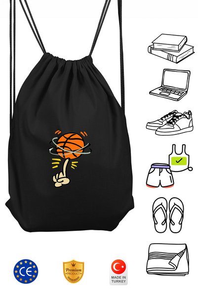Omotasarım Basketbol Topu Unisex Siyah Spor Sırt Çantası Büzgülü