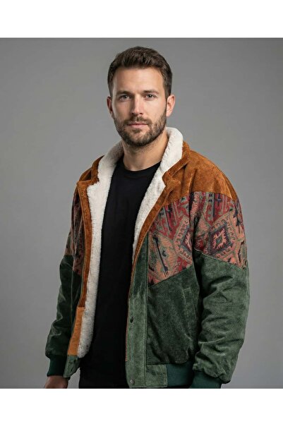 CANMODA (7841) Recien Unisex Fur Collar Vintage Aztec Jacket Oversize 90S Coa...