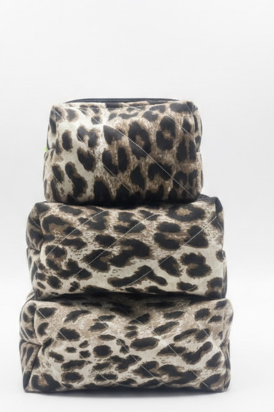Bestway ve Diğeri Leopard Patterned Quilted 3-Piece Makeup Travel Organizer a...