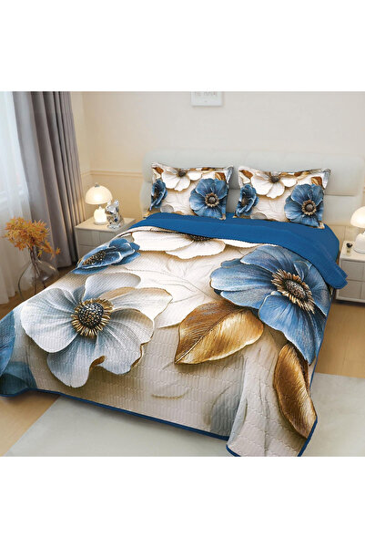 FIONNA.RO 3 Piece 5D Quilt - Porcelain Flowers on Navy Blue