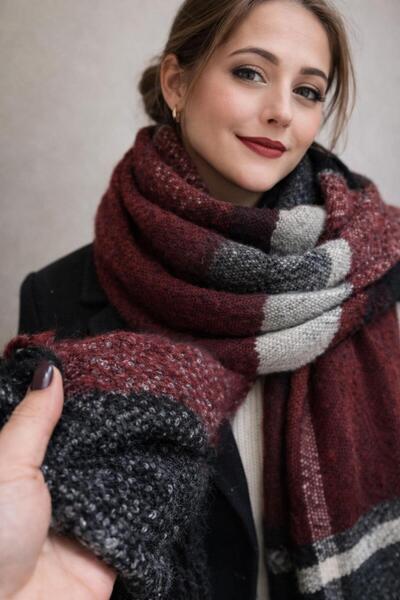 ZRN AKSESUAR Plaid Patterned Black-Burgundy-Cream Shawl Trendy Soft Textured ...
