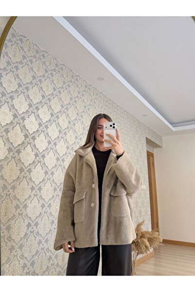 Butik Duygu Şakiroğlu Peluş Çift Cepli Çıt Çıtlı Bej Kürk