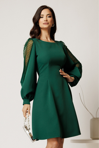 DyFashion Rochie DY Fashion scurta verde din stofa in clini cu maneci din tul...