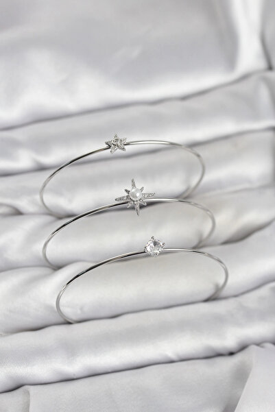 lowell home Silver Color Pole Star Model Zircon Stone 3-Piece Women's Bracele...