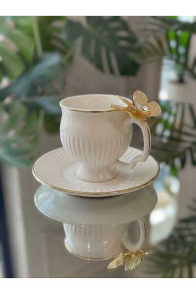 ÇNR Home Collection 6-Piece Gold Butterfly-Decorated Porcelain Coffee Cup and...