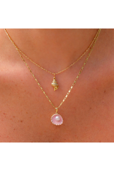 Fiamoss Deniz Kabuğu ve İncili İstiridye Detaylı İkili Set Kolye