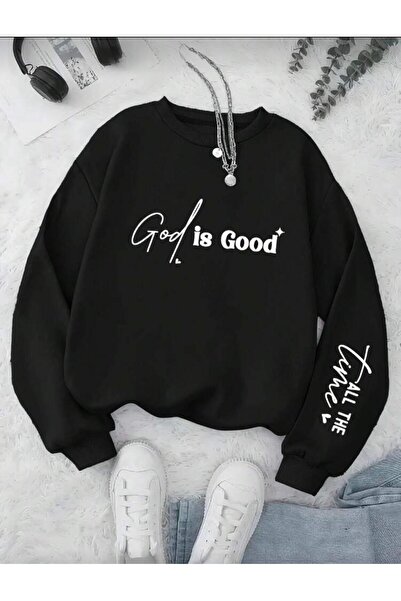 Oceanwear God Is Good Printed Crew Neck Gray Sweatshirt with Sleeve Detail