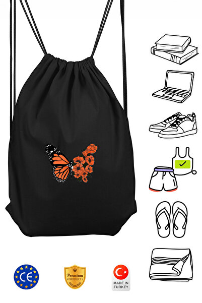 Omotasarım Kelebek Unisex Siyah Spor Sırt Çantası Büzgülü