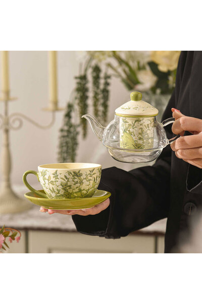 Generic طقم شاي وقهوة زجاجي مقاوم للحرارة بلون بيج زاهٍ، مزين بصورة الأم والط...