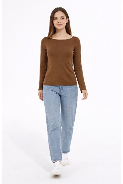 Dilvin Kayık Yaka Uzun Kollu Top - vizon