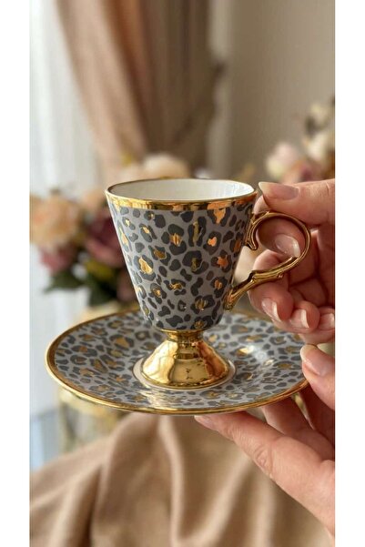 ÇNR Home Collection Leopard Pattern Porcelain Coffee Cup Set for 6 People - G...