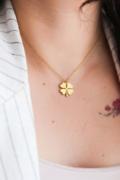 ATALYA ACCESSORY Four-Leaf Clover Model Gold Color Steel Women's Necklace - D...
