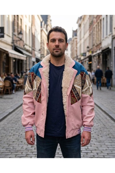 CANMODA (7840) Recien Unisex Fur Collar Vintage Aztec Jacket Oversize 90S Coa...