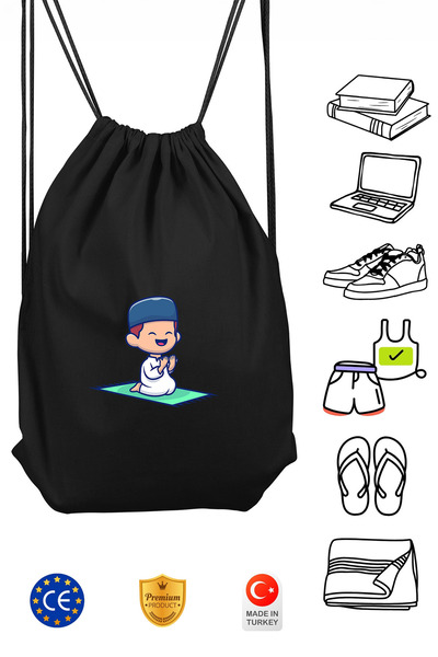 Omotasarım حقيبة ظهر رياضية سوداء للأطفال من الجنسين مع رباط قابل للشد