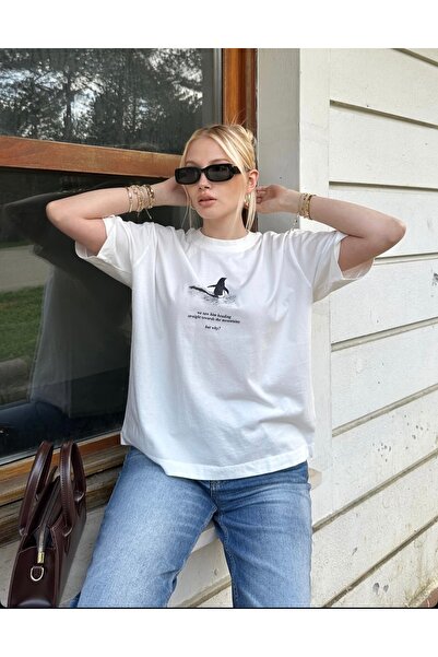 CADDELAMODA Women's Penguin Printed Premium Oversize T-Shirt