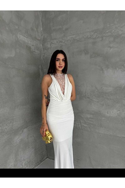 Foola Moda Dantel Detaylı Derin V Yaka Uzun Abiye Elbise Şık Davet Nikah Elbi...