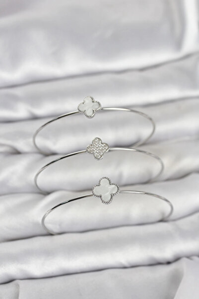 lowell home Silver Color Clover Model Zircon Stone 3-Piece Women's Bracelet C...