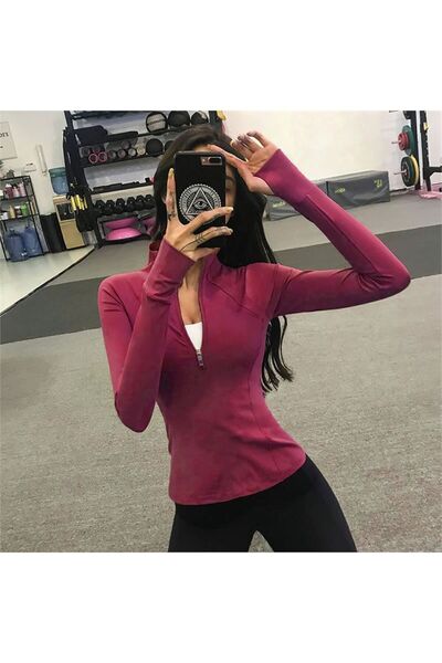 harmony factory Solid Black Turtleneck Half Zipper Cut Out Fingerless Long Sl...