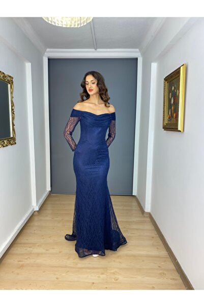 gökkuşagı moda Lacivert Dantel Kayık Yaka Uzun Kollu Balık Uzun Abiye Elbise
