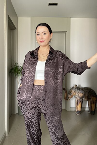 Butik Didem Sakinci Leopard Patterned Satin Shirt Pants Tiril Set