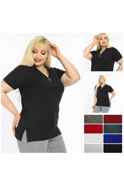LAVRE V-Neck Zipper Detail Viscosa Plus Size T-Shirt