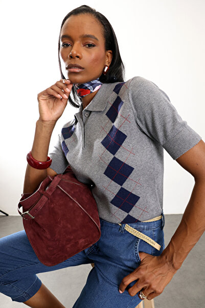 5in1Canpolat Gray Baklava Patterned Polo Neck Knitwear