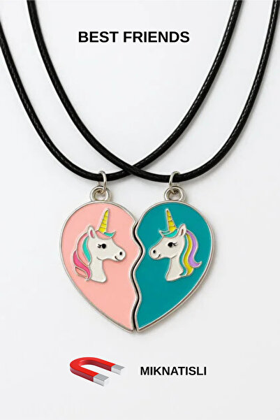 İYİ MODA Best Friends Kalpli Mıknatıslı Unicorn Kolye 2'li Hediyelik Arkadaşl...