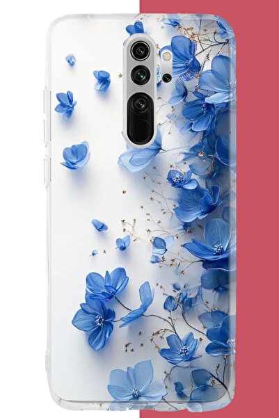 Aksesuarist Redmi Note 8 Pro Uyumlu mavi çiçek2 UV Baskılı Silikon Kılıf