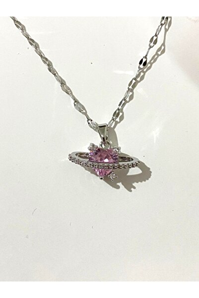 ATALYA ACCESSORY Love Planet Silver Color Pink Heart Women's Necklace - Pink ...