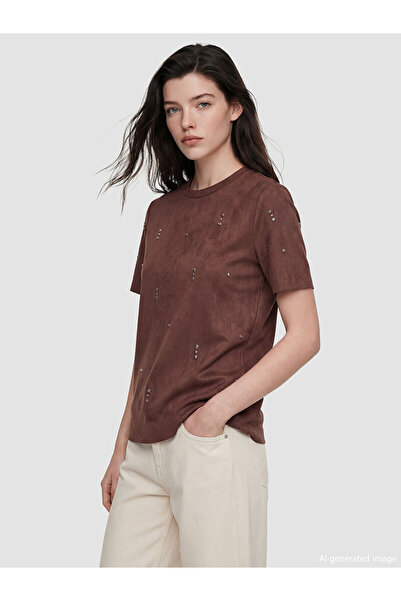 LC Waikiki Peak New Season Crew Neck Women's Suede-Look T-Shirt with Stones