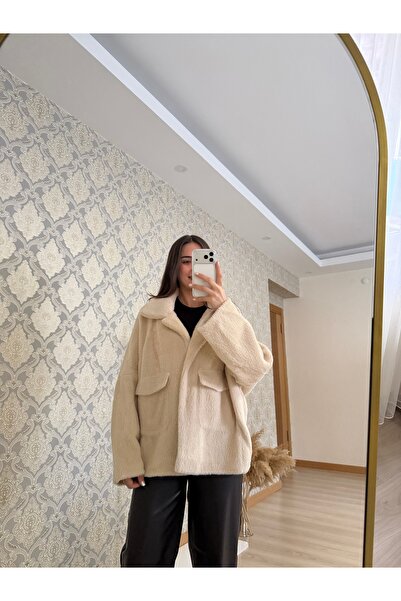 Butik Duygu Şakiroğlu Peluş Çift Cepli Çıt Çıtlı Krem Kürk