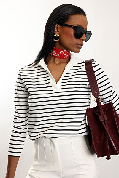 5in1Canpolat White Polo Neck Striped Sweatshirt 3010