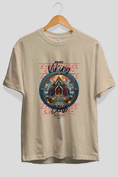 Ankhises Tricou supradimensionat Valhalla, imprimat în față, bej, pentru bărb...