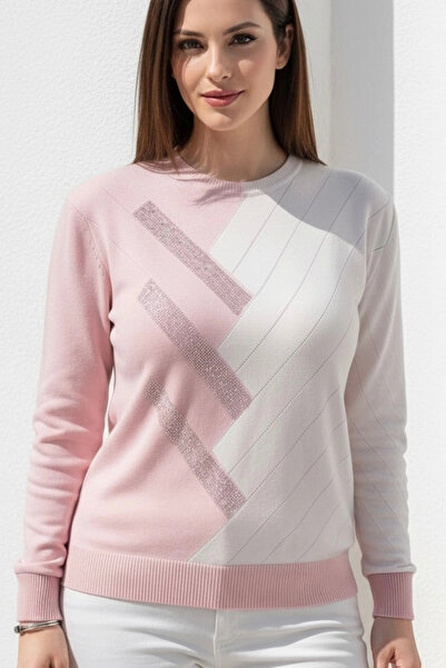 Bİ.GİYSEN Women's Pink Crew Neck Cashmere Sweater with Rhinestones on the Front